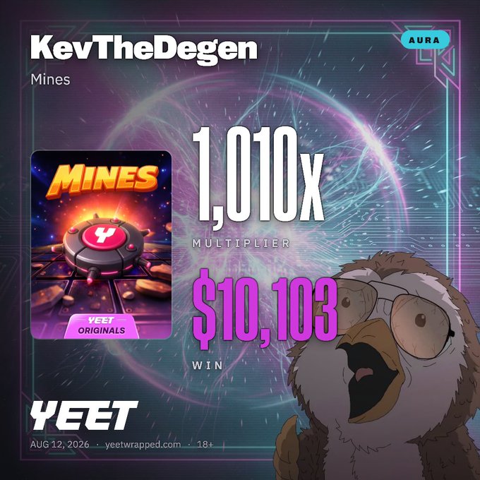 A gambling win screenshot shows a Mines game result by KevTheDegen with a 1,010x multiplier for a $10,103 win on YEET, dated AUG 12, 2026.