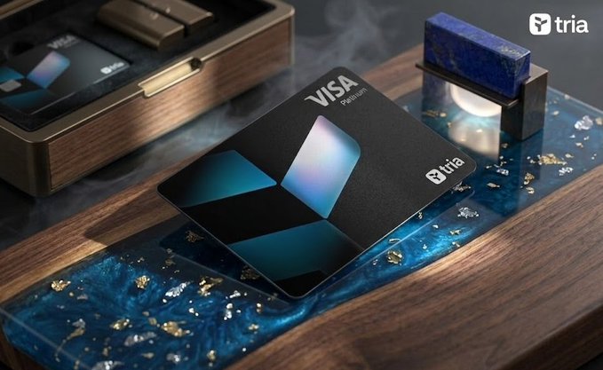 The image features a black Visa card with a blue design on it placed on top of a wooden surface. The background of the image shows a wooden table, which has a small square object sitting on it. There are also two other objects present in the scene - one is a wallet and the other is a keychain.
