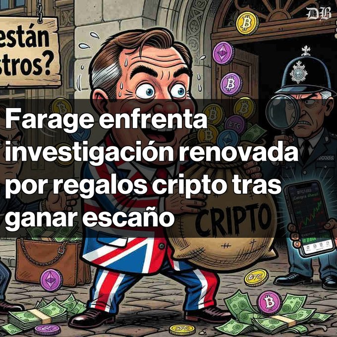 A cartoon illustration of a sweating, wide-eyed man in a Union Jack suit clutching a sack labeled 'CRIPTO', with a bobby investigating; Spanish text reads 'Farage enfrenta investigación renovada por regalos cripto tras ganar escaño'.