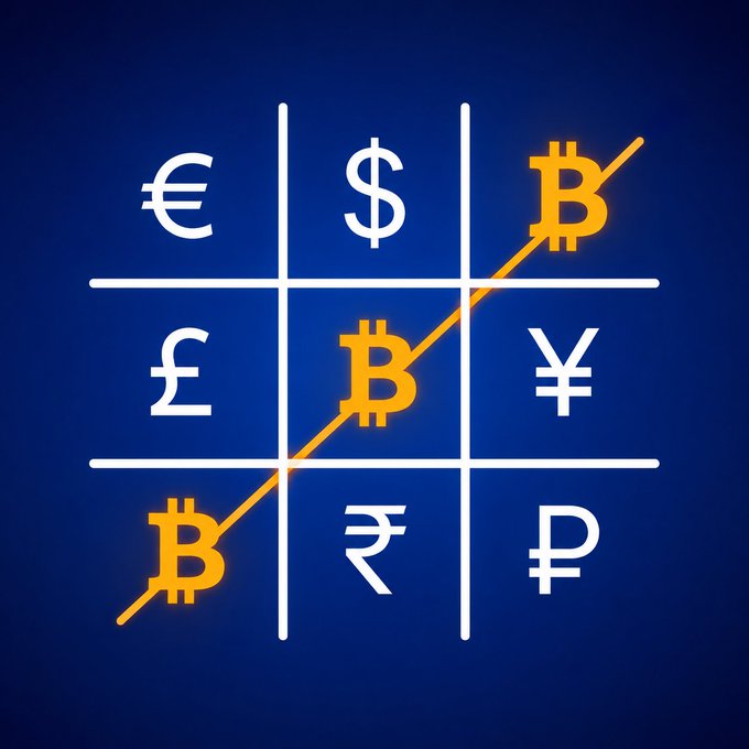 A 3x3 tic-tac-toe board displays various global currency symbols (€, $, ¥, £, ₹, ₽) as positions, with three orange Bitcoin (₿) symbols forming a winning diagonal line from bottom-left to top-right, illustrating the post's message that "Same game. New rules. ₿"—suggesting Bitcoin is rewriting the traditional monetary game by replacing legacy currencies as the dominant player.