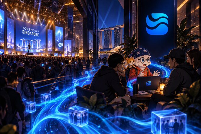 A digital artwork depicting a TOKEN2049 SINGAPORE crypto conference scene with crowds of people and a blue crypto-themed logo prominently featured, showing an anime-style character at a booth.