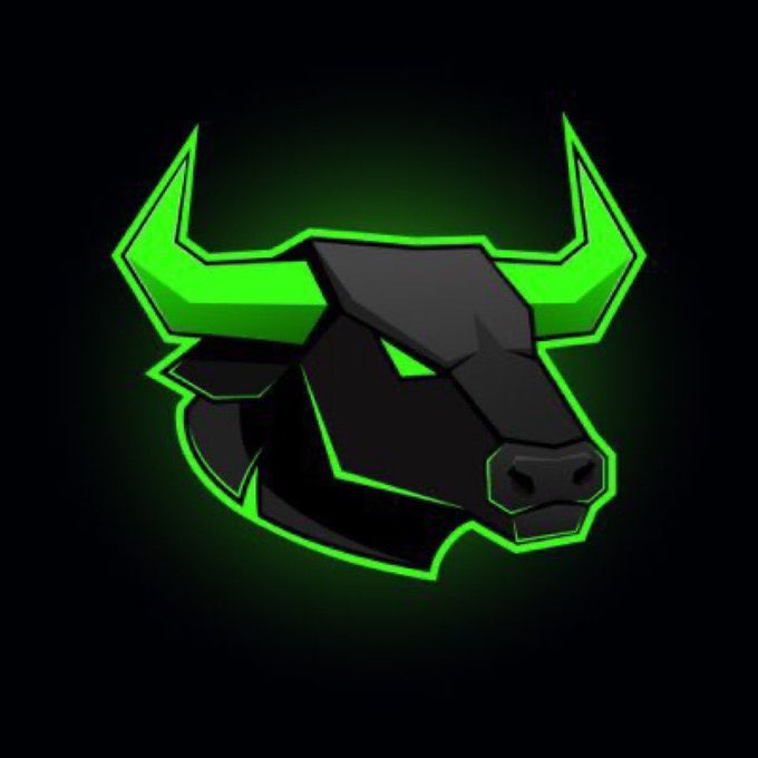 A gaming logo featuring a stylized black bull's head with bright green glowing horns and eyes on a dark background.