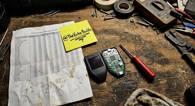 A workbench scene with tools including a screwdriver, pliers, and a multimeter, alongside a disassembled CYBER EGG device and a yellow note reading '@TheVictorBuilds'.
