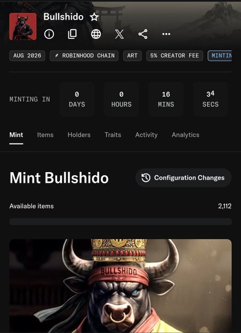 A mobile screenshot of the "Bullshido" NFT mint page showing a countdown of 16 minutes and 34 seconds remaining, with 2,112 available items and a bull mascot wearing samurai armor. The caption aligns with the poster's excitement about waking up just in time to participate in the @Bullshidooje mint event.