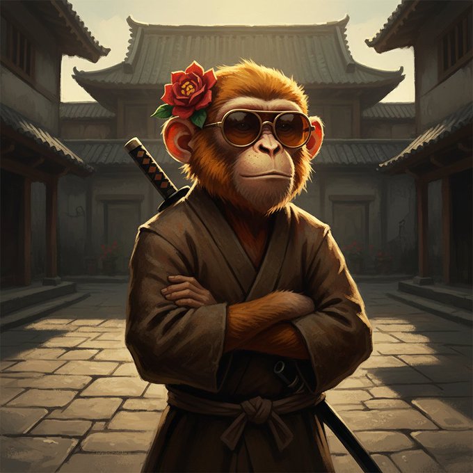 A cool monkey wearing sunglasses and a kimono, with a katana sword on its back, stands confidently in front of a traditional Japanese temple, embodying the post's message of unwavering focus and zero tolerance for distraction.