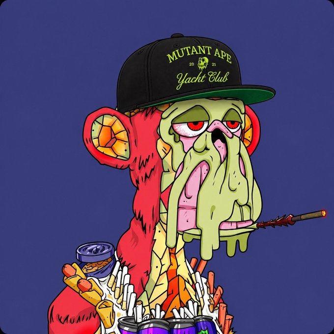 A cartoon illustration of a melting red and yellow ape wearing a black cap with green brim that reads 'MUTANT APE Yacht Club 2021', smoking a cigar and surrounded by junk food.