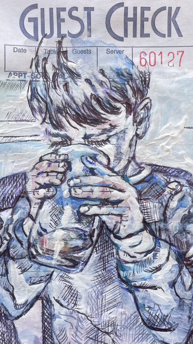 A sketch-style illustration overlaid on a 'GUEST CHECK' receipt, depicting a man with messy hair drinking from a glass; the receipt shows '60127' and 'APT. 502'.