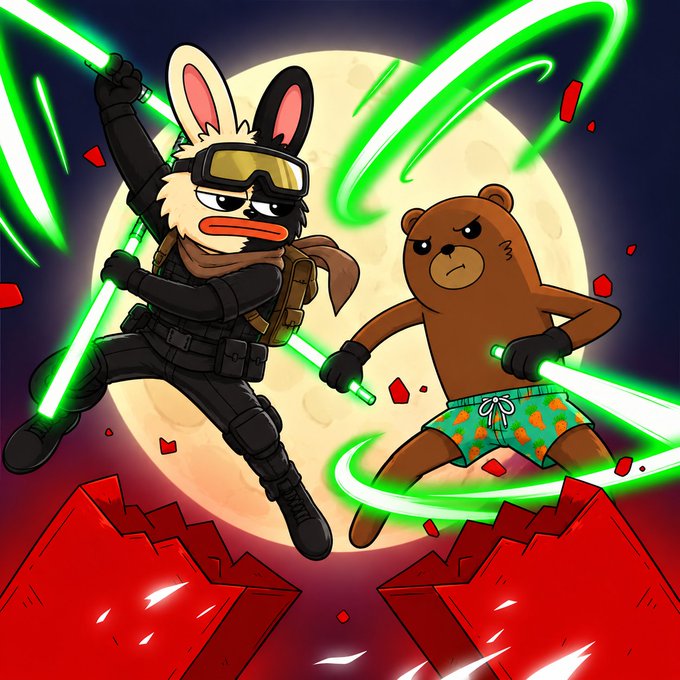 A cartoon rabbit dressed as a ninja wields green lightsabers alongside a determined bear in floral shorts, both leaping into battle atop red shipping containers against a full moon backdrop. The dynamic, action-packed illustration grabs attention and ties into the airdrop post by visually energizing the call for $SOL wallet submissions.