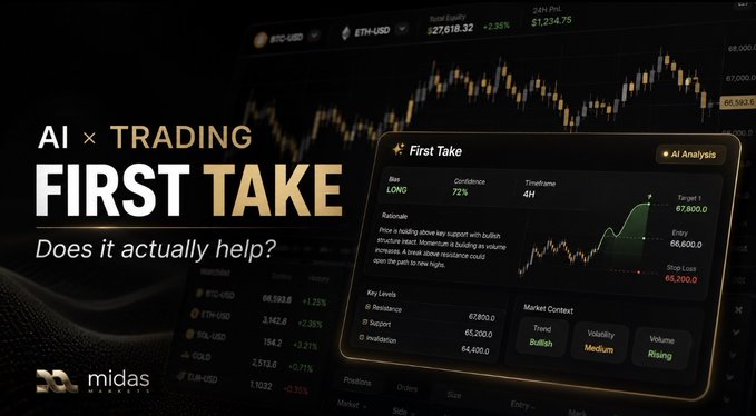 A promotional banner for 'AI × TRADING FIRST TAKE' by Midas, posing the question 'Does it actually help?' alongside a sample trading interface showing a LONG recommendation for ETH-USD with bullish trend analysis.