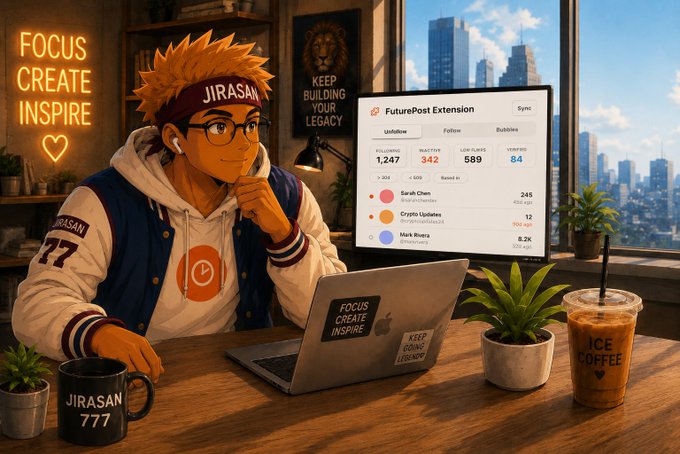 An animated illustration shows a young man with spiky orange hair and glasses, wearing a varsity jacket and 'JIRASAN' headband, working at a laptop displaying a 'FuturePost Extension' dashboard with metrics like 1,247 users and 342 posts. Neon signs read 'FOCUS CREATE INSPIRE' and 'KEEP BUILDING YOUR LEGACY', with an 'ICE COFFEE' cup and 'JIRASAN 777' mug on the desk.