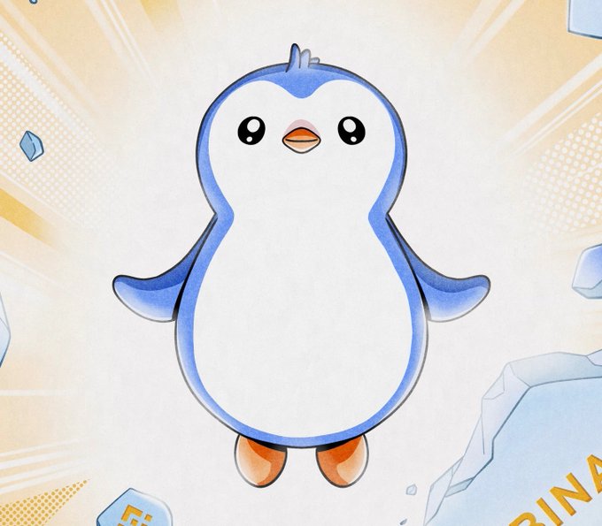 Cartoon illustration of a small blue and white penguin with orange beak and feet, set against a yellow burst background with ice chunks, labeled 'PINGU' at the bottom.