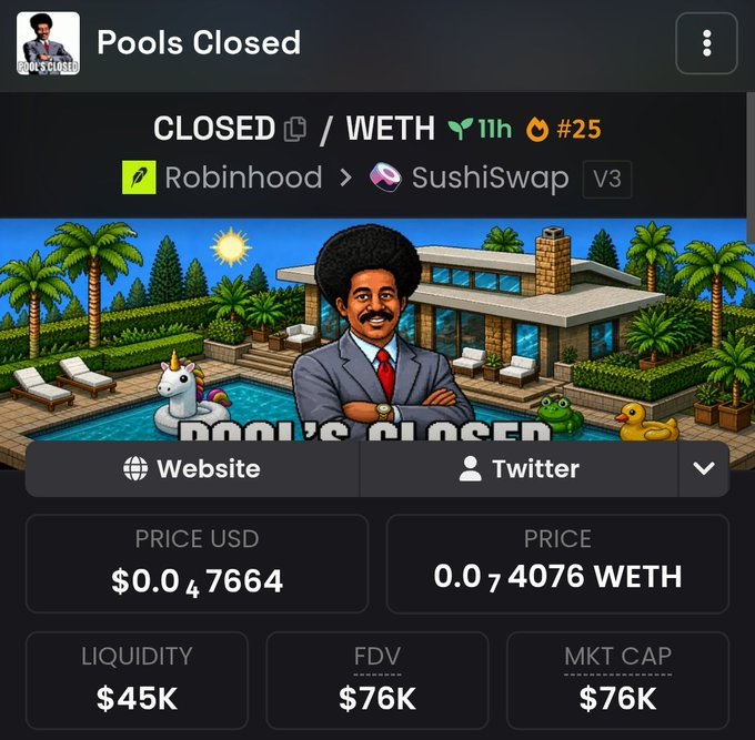 A screenshot from "Pools Closed" showing a CLOSED/WETH token (ranked #25) token page on SushiSwap, featuring a meme illustration of a man in a suit with an afro standing in front of a luxurious poolside mansion with a unicorn float and rubber duck, displaying a price of $0.047664 and $45K liquidity — fitting the comedic "funniest meme on-chain" theme referenced in the caption.