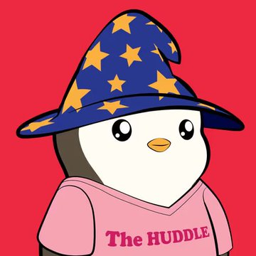 The image features a cartoon penguin wearing a hat with blue stars, standing against a red background. The penguin has a pink shirt that says "The Huddle" on it. There are also some text elements in the image, including the words "ethics", "Lil Pudgy's", and "penguins".