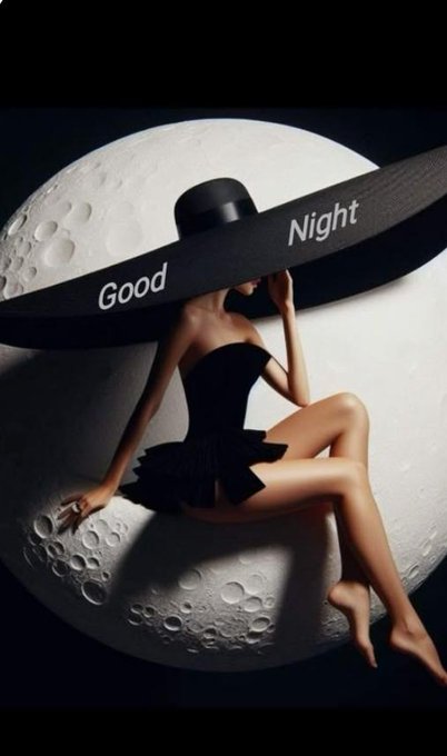 An artistic image showing a woman in a black dress and wide-brimmed hat sitting against a large moon, with the words 'Good Night' on the hat's band.