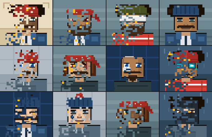 A pixel art grid displays twelve stylized character portraits, many with bandanas or hats, set against gray and blue tiled backgrounds.