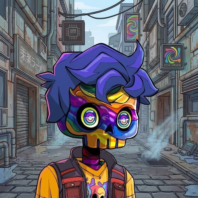 A vibrant digital illustration of a colorful rainbow skull with large swirly eyes and purple hair, wearing a yellow jacket, set in a futuristic cyberpunk alleyway with neon signs displaying Asian characters.