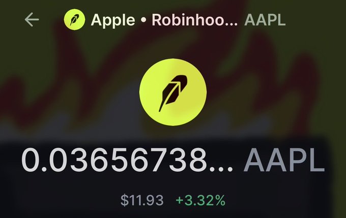 A Robinhood wallet shows 0.03656738 AAPL tokens worth $11.93, up 3.32%, supporting the claim of receiving meaningful (non-trivial) Apple token distributions rather than negligible "dust" amounts.