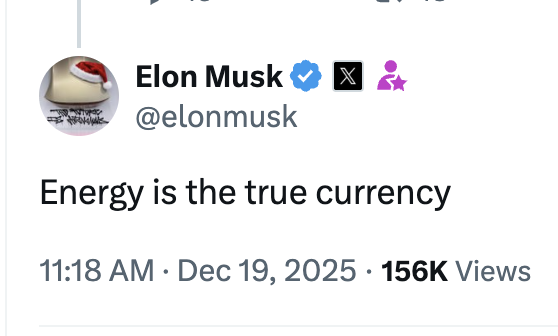 A screenshot of an Elon Musk (@elonmusk) tweet from December 19, 2025, stating 'Energy is the true currency,' with 156K views and a verified checkmark.