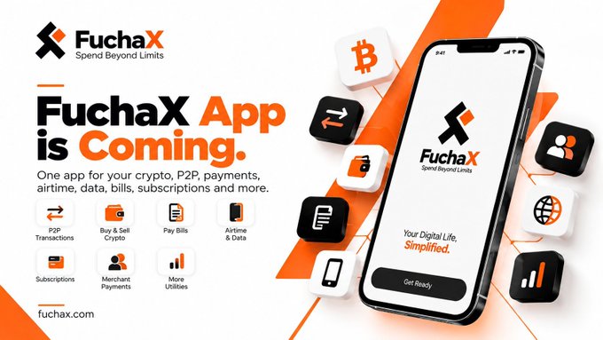 Promotional banner for the FuchaX App launching, featuring a smartphone displaying the app and icons for P2P transactions, crypto, bills, subscriptions, and more, with the tagline 'Your Digital Life, Simplified' and website fuchax.com.
