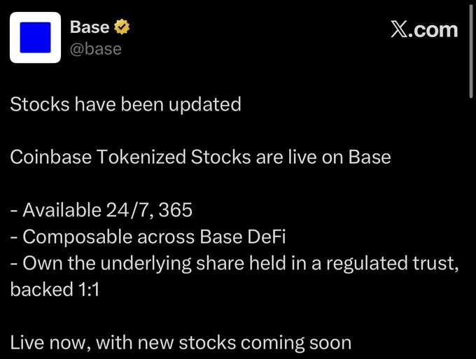 A screenshot of a post on X.com from the verified account '@base' announcing that Coinbase Tokenized Stocks are live on Base, available 24/7, composable across Base DeFi, and backed 1:1.