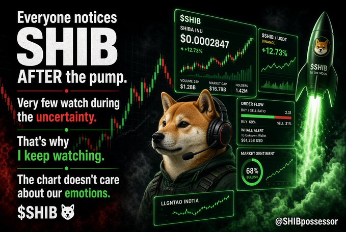 A Shiba Inu dog wearing a headset appears alongside multiple crypto trading charts displaying "$SHIB" data, including a BINANCE price of $0.0002847 (+12.73%) and market metrics showing 68% bullish sentiment with whale activity at $61,258 USD. The image reinforces the post's message about watching $SHIB during uncertain times, featuring the tagline "SHIB TO THE MOON" on a rocket graphic and the handle "@SHIBpossessor" in the corner.