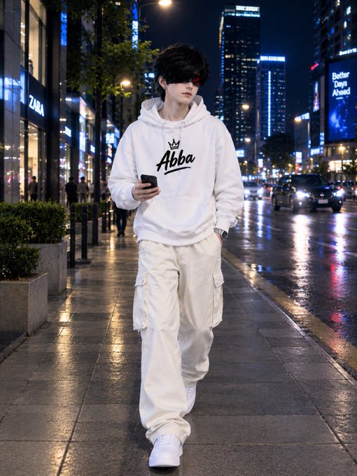 A young man walking down a wet city street at night, wearing a white 'Abba' hoodie, white cargo pants, and white sneakers while looking at his phone.