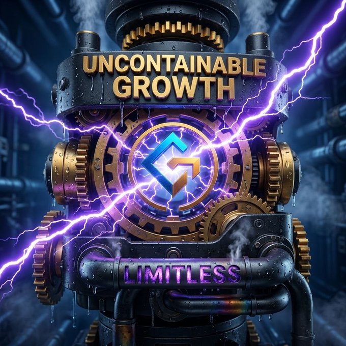 A steampunk-style digital artwork featuring gears, pipes, and electric sparks, with the text 'UNCONTAINABLE GROWTH' prominently displayed at the top and 'LIMITLESS' on a pipe below.