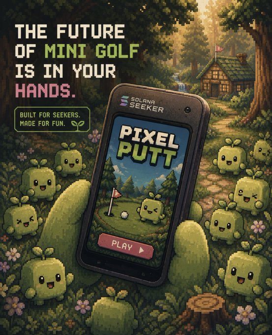 A promotional image for "Pixel Putt" features a Solana Seeker phone held by pixelated green characters in a forest, with text declaring "THE FUTURE OF MINI GOLF IS IN YOUR HANDS" and "BUILT FOR SEEKERS. MADE FOR FUN." The app's pixel-art golf course display and "PLAY" button align with the post's focus on fun gaming and the Solana Seeker mobile device.