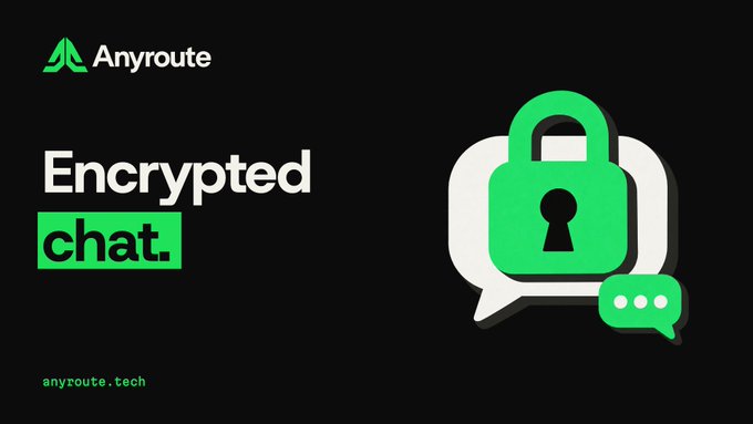 A black advertisement banner for 'Anyroute' promoting 'Encrypted chat.' with a green and white speech bubble and padlock logo, displaying the website 'anyroute.tech' in the corner.