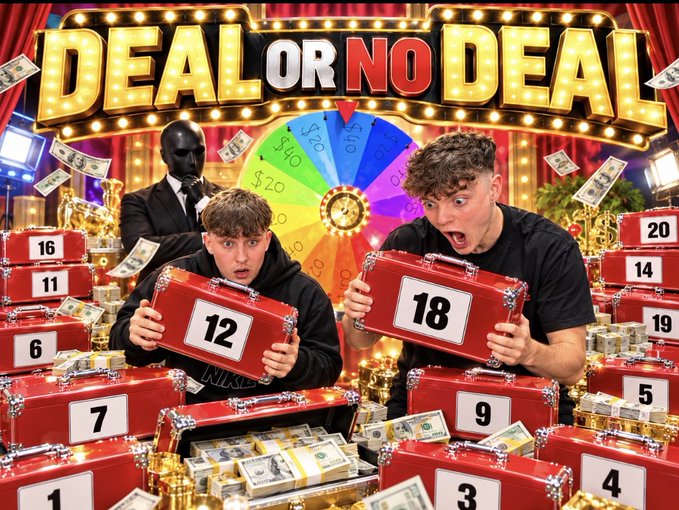 A promotional image for the game show 'DEAL OR NO DEAL' showing two excited young men holding red briefcases numbered 12 and 18, with money, gold bars, and numbered briefcases surrounding them.