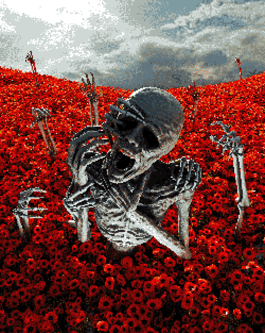 A pixel-art style artwork depicting a screaming skeleton emerging from a vast field of red poppies under a cloudy sky.