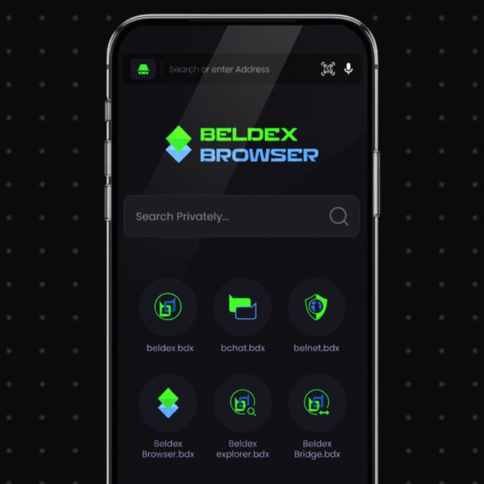 A smartphone displaying the "BELDEX BROWSER" homepage with a search bar reading "Search Privately..." and icons for beldex.bdx, bchat.bdx, belnet.bdx, Beldex Browser.bdx, Beldex explorer.bdx, and Beldex Bridge.bdx.