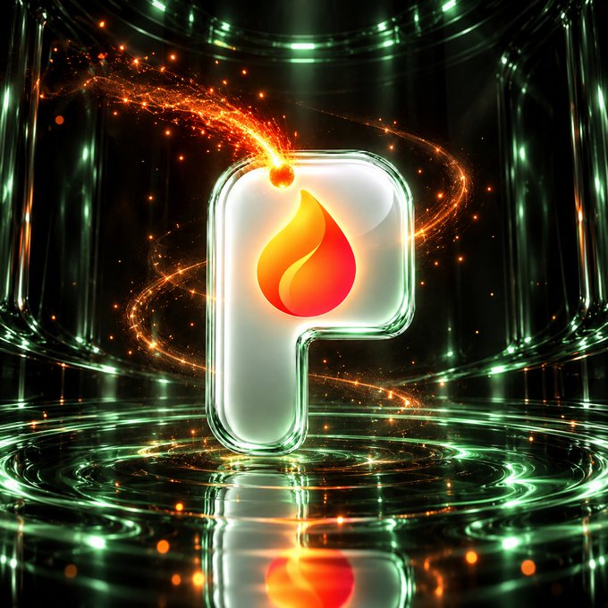 A digital 3D rendering of a glowing translucent letter "P" containing a fiery orange flame icon, set against a dark green background with swirling embers and reflections on a watery floor.