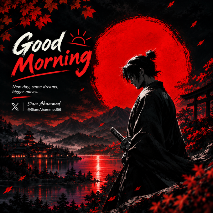 A stylized 'Good Morning' graphic artwork featuring a samurai with a sword facing a large red sun, traditional Japanese architecture, and red maple leaves, credited to Siam Ahammed (@SiamAhammed56) with the tagline 'New day, same dreams, bigger moves.'