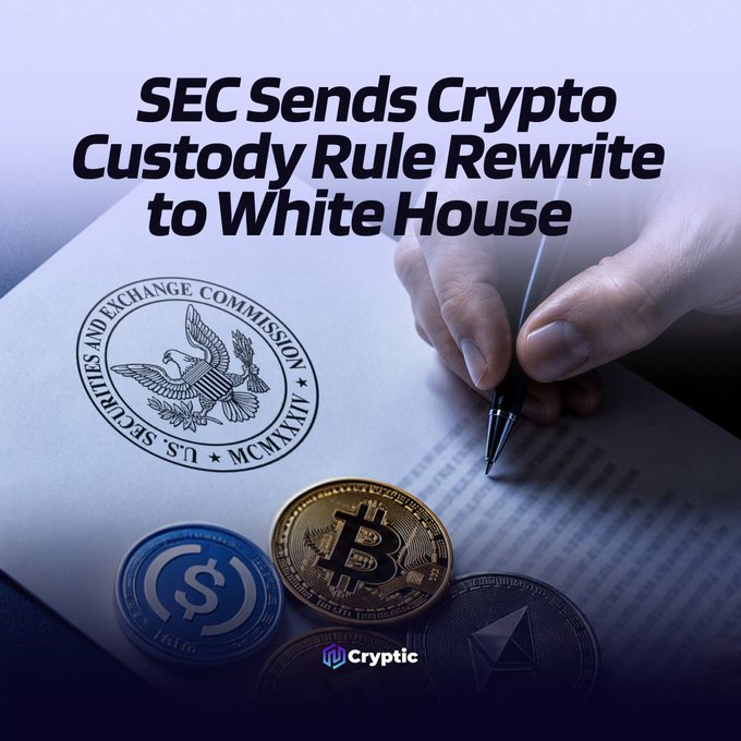 The image shows a promotional graphic with the headline "SEC Sends Crypto Custody Rule Rewrite to White House," featuring a hand signing a document bearing the U.S. Securities and Exchange Commission seal alongside physical representations of Bitcoin, USDC, and Ethereum coins, visually reinforcing the post's news about the SEC's proposed custody rule changes advancing to White House regulatory review.