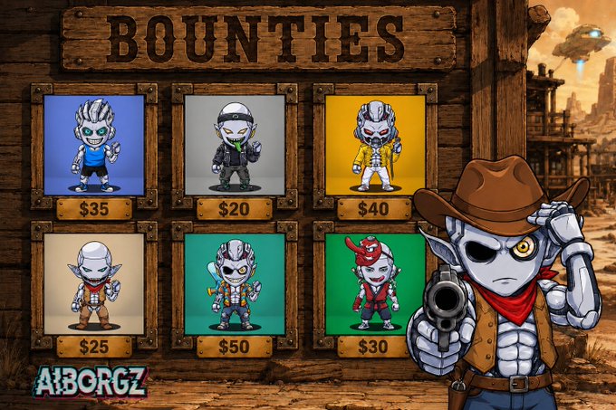 A 'BOUNTIES' menu screen for 'AIBORGZ' NFT collection displaying six unique character avatars with prices ranging from $20 to $50, set against a western-themed background.