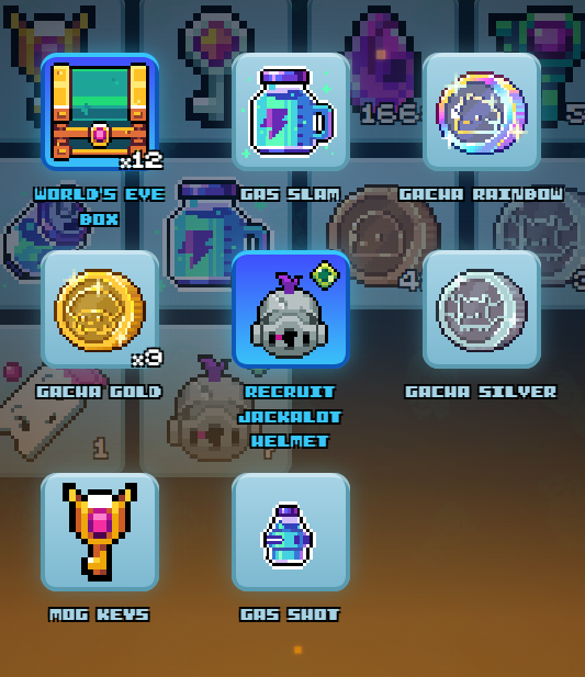 A pixel-art style video game inventory screen displaying items including 'WORLD'S EYE BOX x12', 'GAS SLAM', 'GACHA RAINBOW', 'GACHA GOLD x8', 'RECRUIT JACKALOT HELMET', 'GACHA SILVER', 'MOG KEYS', and 'GAS SHOT'.