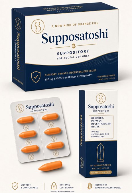 A product image of 'Supposatoshi' - a parody pharmaceutical product marketed as 'A New Kind of Orange Pill,' a 'Suppository for Rectal Use Only' providing 'Comfort. Privacy. Decentralized Relief' with orange pill-shaped suppositories in blister packs.