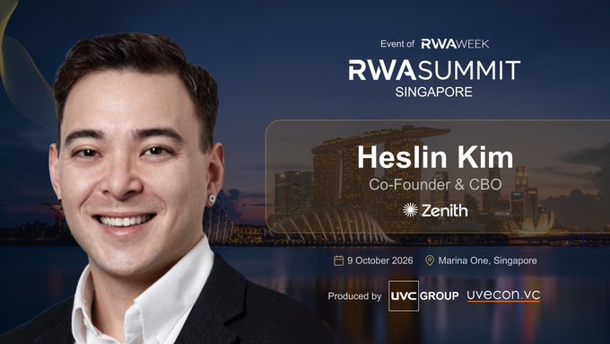 A promotional banner for RWASummit Singapore, an event of RWAWeek, featuring speaker Heslin Kim, Co-Founder & CBO of Zenith, on 9 October 2026 at Marina One, Singapore, produced by UVC Group.