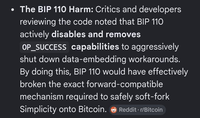A Reddit post from r/Bitcoin discussing 'The BIP 110 Harm,' explaining that critics and developers noted BIP 110 actively disables and removes OP_SUCCESS capabilities, which would have broken forward-compatibility mechanisms for soft-forking Simplicity onto Bitcoin.