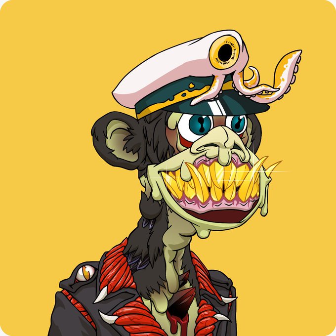The image features a cartoon monkey wearing a hat, with its mouth open wide as if it's smiling or making a funny face. The monkey appears to be wearing a jacket that has a red collar and a black tie. The background of the image is yellow, which contrasts with the monkey's outfit and adds to the overall visual appeal of the scene.

The caption "mutant ape yacht club" suggests that this cartoon character might be part of an animated series or a comic book featuring a group of mutant apes who are members of the yacht club. The post also mentions that there is a post about the pirate ship, which could potentially be related to the pirate ship in the pirate ship fantasy franchise.

The image seems to be promoting a sense of humor and creativity by showcasing an amusing cartoon character dressed up as a pirate or a member of the yacht club.