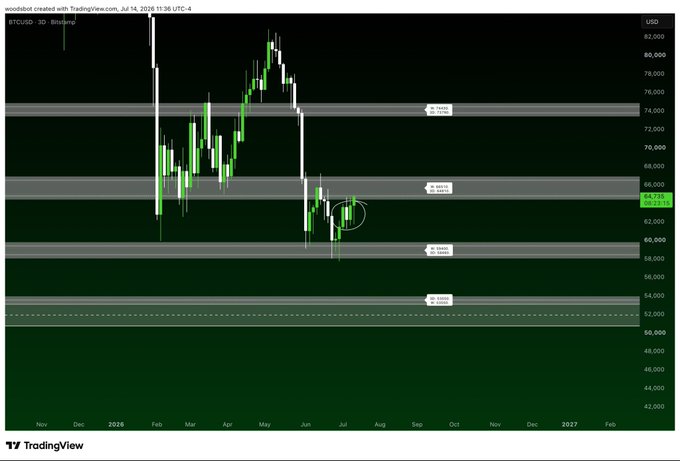 The image is a TradingView candlestick chart of BTC/USD (3D timeframe) created by woodstokd on July 14, 2025, showing Bitcoin's price action with key horizontal resistance/support zones marked at approximately 73,700, 66,100, 60,000, and 53,200, with the current price circled near 64,715 just below the 66,100 resistance zone. This corresponds to the caption's mention of a clean retest of the 63/62 region and a push toward higher highs into the zone above, illustrating the trader's successful swing that validated their weekend bullish bias.