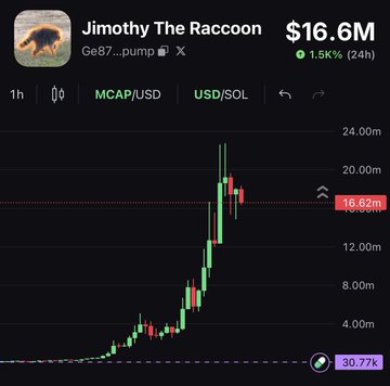 A price chart for the meme token "Jimothy The Raccoon" (ticker: Ge87...pump) showing its market cap surging to $16.6M (up 1.5% in 24h), after an explosive rally from lows around $30K to highs near $24M—visually illustrating the massive gains referenced in the post about a $102 investment turning into $280,000.