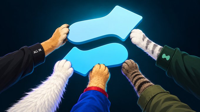 An illustration showing five different animal and human hands joining together to hold two curved blue shapes forming a logo.