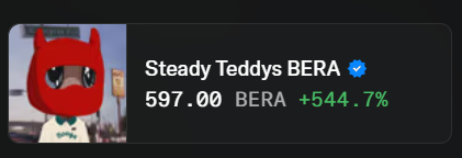 A social media profile for 'Steady Teddys BERA' shows a red cartoon avatar with a verified checkmark, listing a price of 597.00 BERA, up 544.7%.