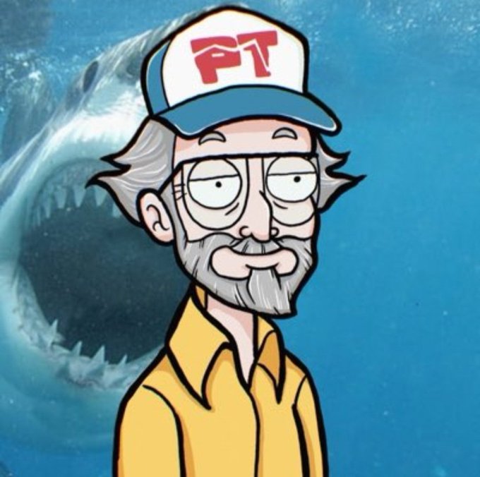 A cartoon illustration of an older man with a gray beard wearing a cap with 'PT' in red text, with a large shark visible in the blue background behind him.