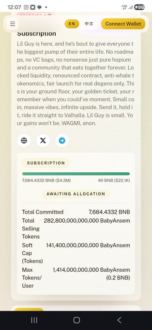 A mobile screenshot of a CheesePad subscription page for "BabyAnsem" tokens showing 7,684.4332 BNB ($4.3M) committed out of a 40 BNB ($22.1K) goal, with status marked as "Awaiting Allocation." The image directly illustrates the post's claim of 7,684 BNB committed on CheesePad, demonstrating strong BNB ecosystem participation in the token offering.