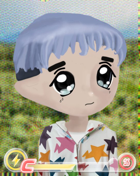 A 3D animated-style avatar of a young male character with light blue hair, wearing a white hoodie patterned with colorful stars, with a game UI showing a "C" gauge and the number 26.