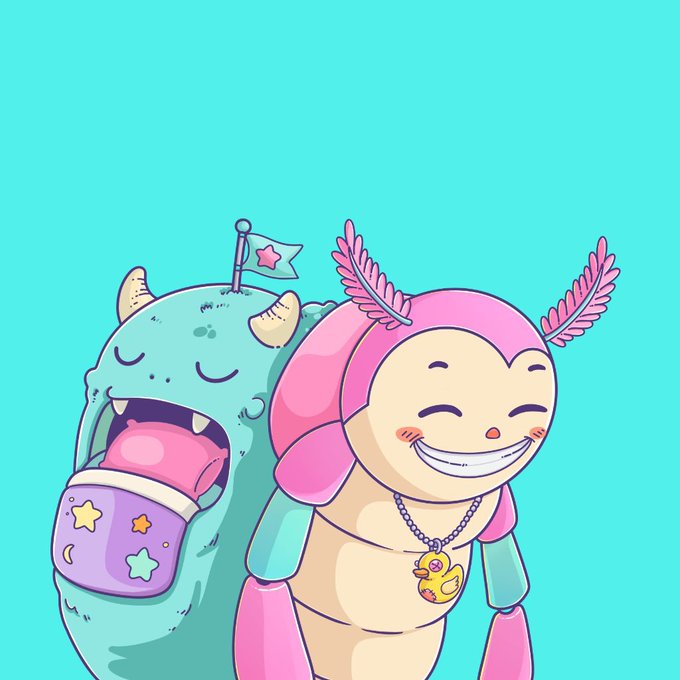 A pastel cartoon illustration features a smiling pink and cream character with feathery antennae alongside a teal monster with horns, a flag, and a star-decorated pot on a mint green background. The whimsical artwork complements the NFT giveaway post, matching the playful "Robin Kiddies" mint announcement with its cute, collectible-style character design.