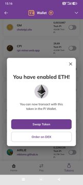 A Pi Network testnet wallet screen displays a notification confirming ETH has been enabled, featuring a "Swap Token" button and "Order on DEX" option, with 4.90336667 Pi coins and various tokens visible in the background—matching the post's excitement about ETH integration and decentralized exchange features in the Pi ecosystem.